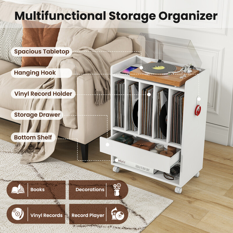 Vinylställ med låda och hjul för upp till 180 skivor i vit MDF