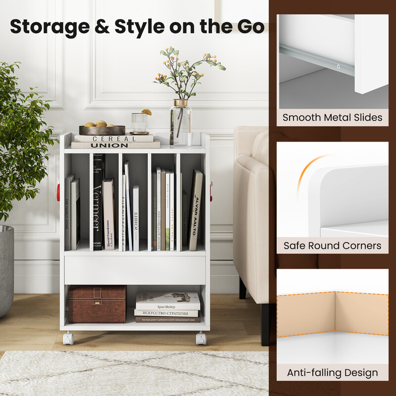 Vinylställ med låda och hjul för upp till 180 skivor i vit MDF