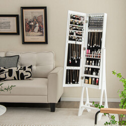 2 i 1 smyckesskåp med LED-belysning och justerbar helkroppsspegel, vit