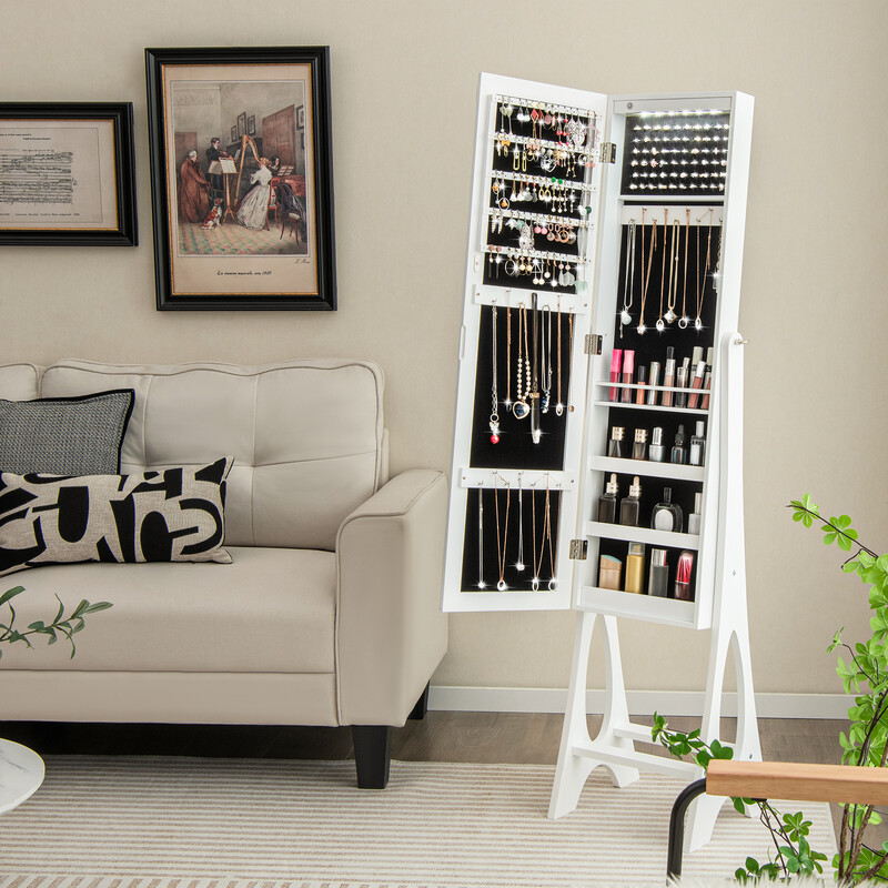 2 i 1 smyckesskåp med LED-belysning och justerbar helkroppsspegel, vit