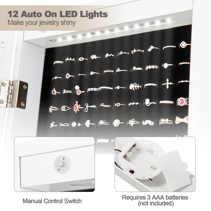 2 i 1 smyckesskåp med LED-belysning och justerbar helkroppsspegel, vit