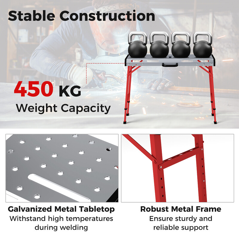 Svetsbord med 450 kg bärkapacitet och justerbar höjd, portabelt och hopfällbart arbetsbord