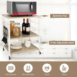 Servieringsvagn med tre nivåer och justerbar hylla, avtagbara krokar, naturlig färg