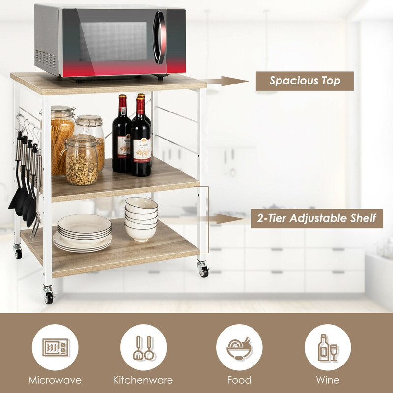 Servieringsvagn med tre nivåer och justerbar hylla, avtagbara krokar, naturlig färg