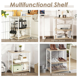 Servieringsvagn med tre nivåer och justerbar hylla, avtagbara krokar, naturlig färg