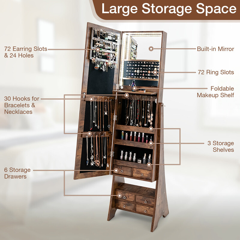Smyckesskåp med spegel och LED-belysning, brun, med lådor och justerbar vinkel