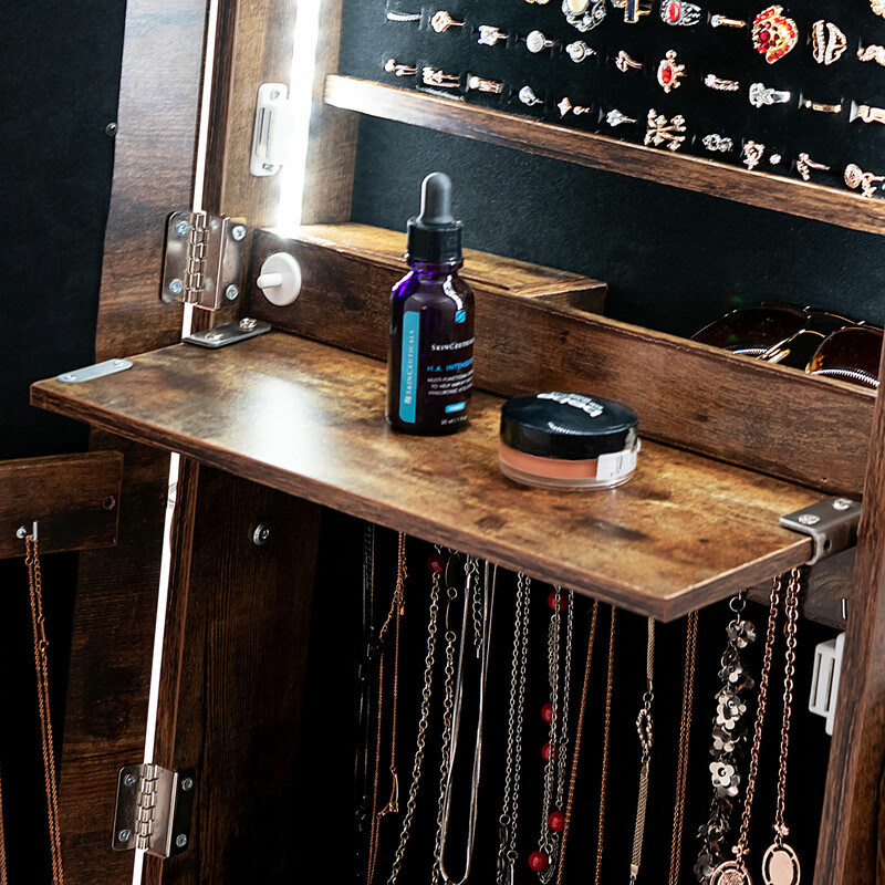 Smyckesskåp med spegel och LED-belysning, brun, med lådor och justerbar vinkel