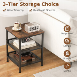 Trebent sängbord med metallram och två nätshyllor i industriell design