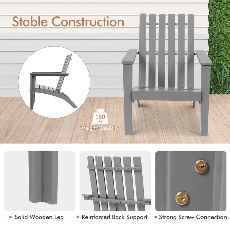 Adirondackstol i akacieträ för trädgård, ergonomisk design, grå, maxvikt 160 kg