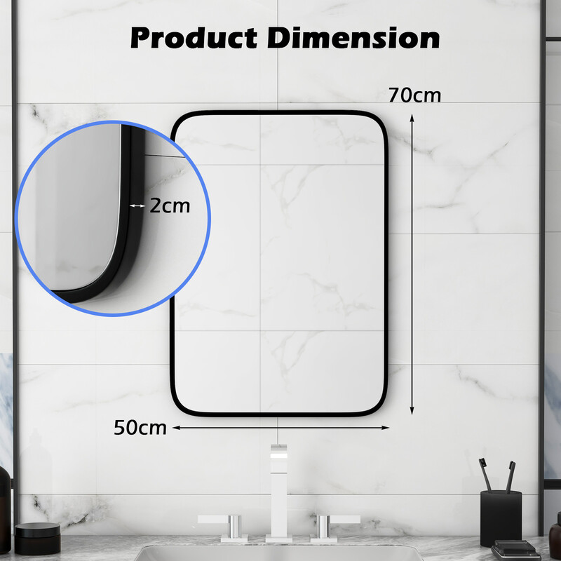 Rektangulär badrumsspegel 70x50 cm med säkerhetsfilm och svart aluminiumram