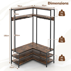 Hörngarderob med sittbänk och hyllor i l-form för kläder och skor 90 x 90 x 178 cm