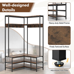 Hörngarderob med sittbänk och hyllor i l-form för kläder och skor 90 x 90 x 178 cm