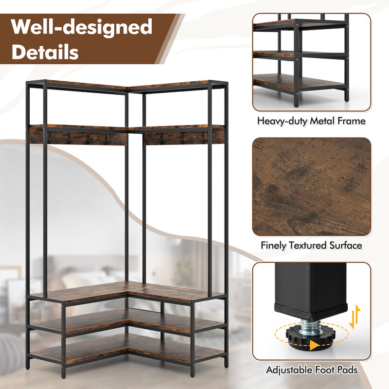 Hörngarderob med sittbänk och hyllor i l-form för kläder och skor 90 x 90 x 178 cm