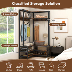 Hörngarderob med sittbänk och hyllor i l-form för kläder och skor 90 x 90 x 178 cm