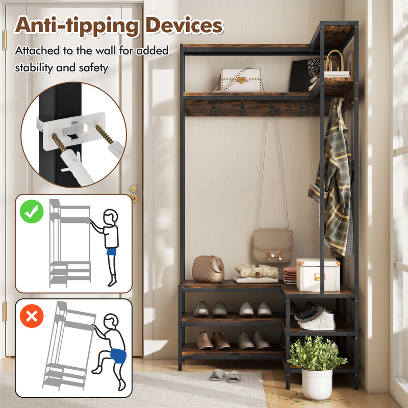 Hörngarderob med sittbänk och hyllor i l-form för kläder och skor 90 x 90 x 178 cm