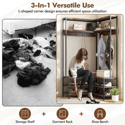 Hörngarderob med sittbänk och hyllor i l-form för kläder och skor 90 x 90 x 178 cm