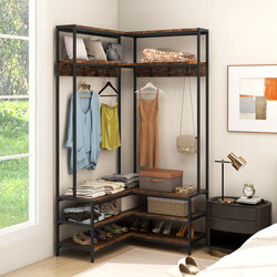 Hörngarderob med sittbänk och hyllor i l-form för kläder och skor 90 x 90 x 178 cm