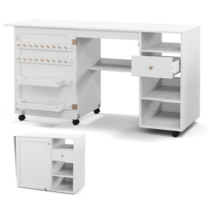 Fällbar 2-i-1 sy- och skrivbord med förvaring, vit, kompakt och praktisk design