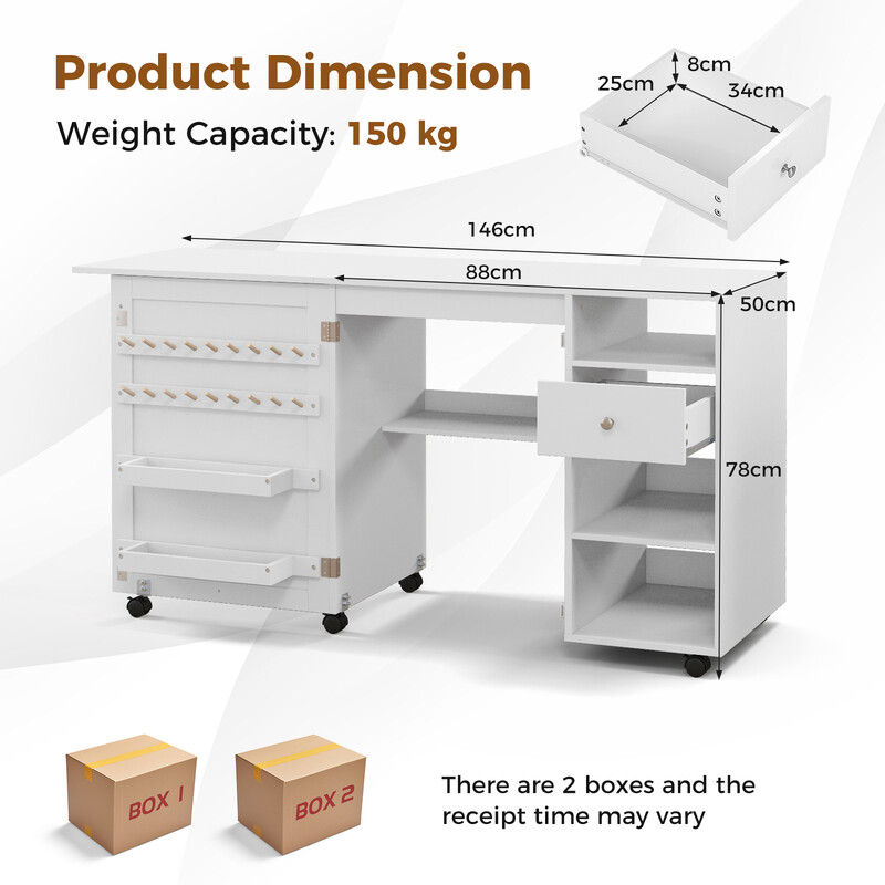 Fällbar 2-i-1 sy- och skrivbord med förvaring, vit, kompakt och praktisk design