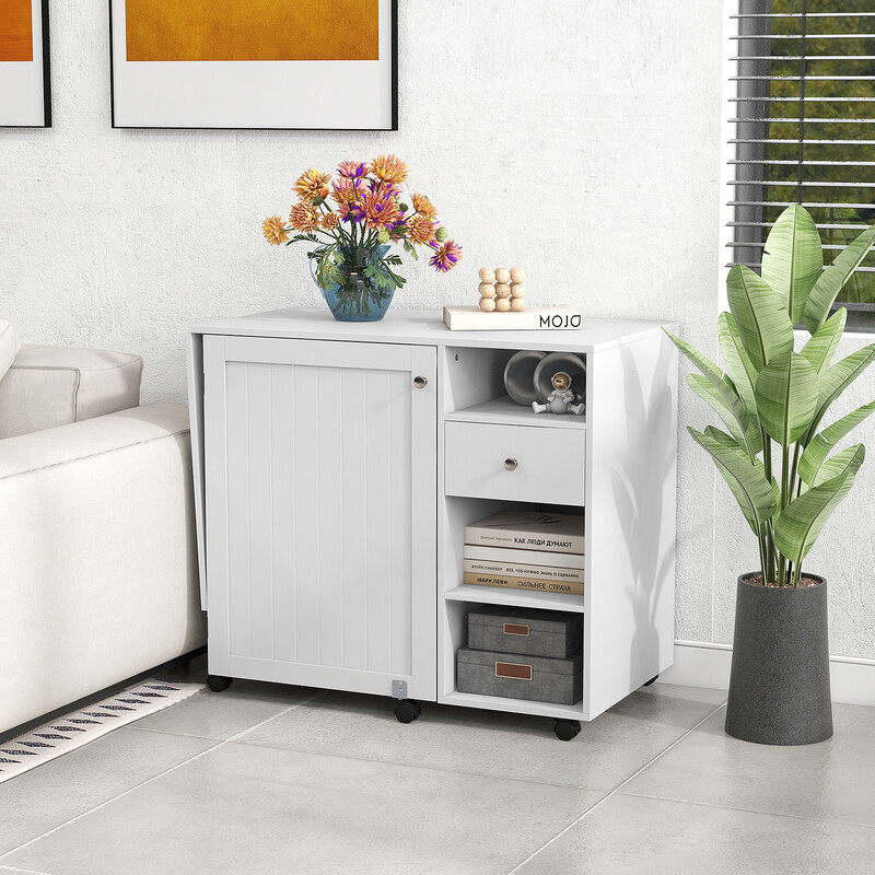 Fällbar 2-i-1 sy- och skrivbord med förvaring, vit, kompakt och praktisk design