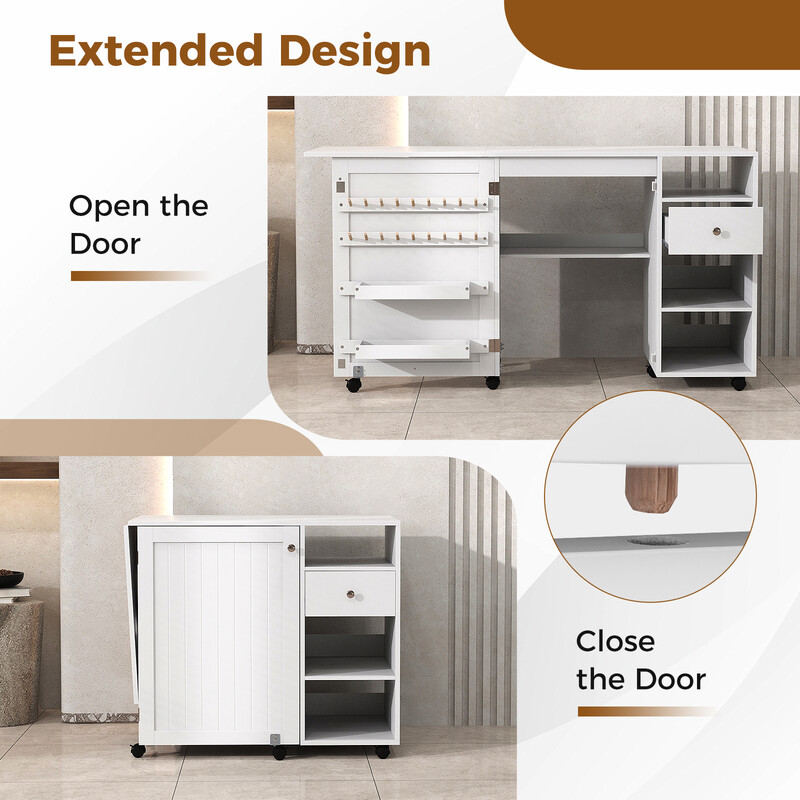 Fällbar 2-i-1 sy- och skrivbord med förvaring, vit, kompakt och praktisk design