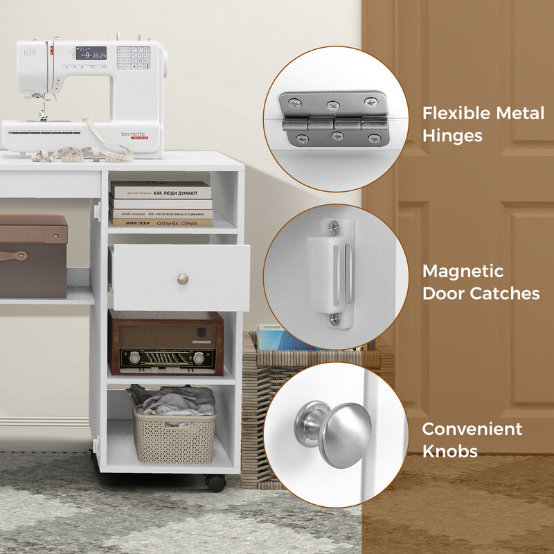 Fällbar 2-i-1 sy- och skrivbord med förvaring, vit, kompakt och praktisk design