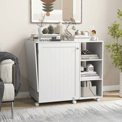 Mångsidigt sybord och skrivbord med förvaring, hopfällbar och mobil arbetsstation i vit MDF