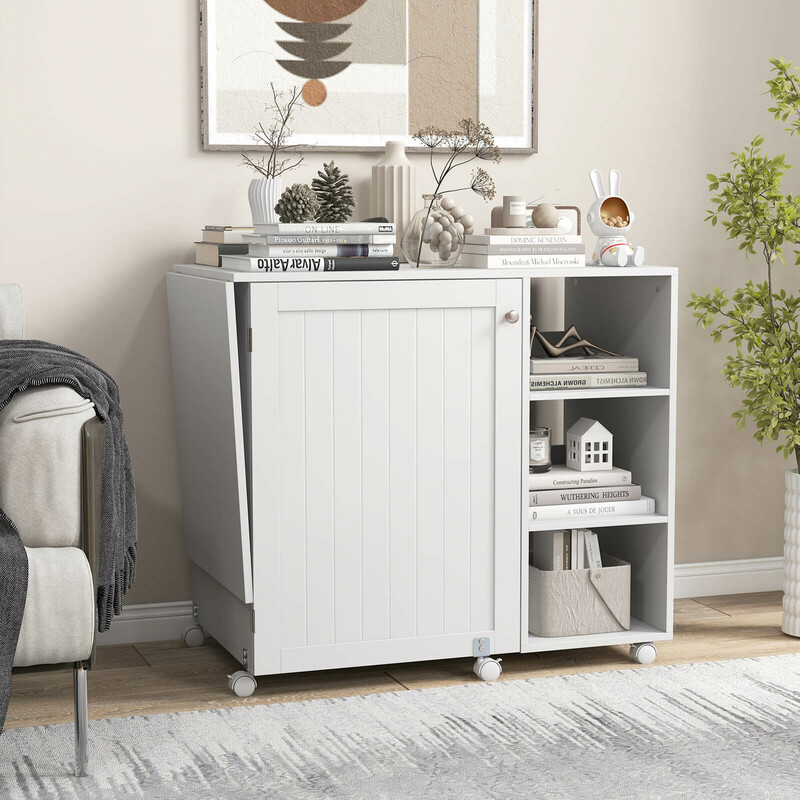 Mångsidigt sybord och skrivbord med förvaring, hopfällbar och mobil arbetsstation i vit MDF