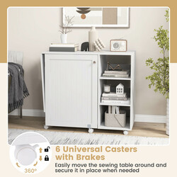 Mångsidigt sybord och skrivbord med förvaring, hopfällbar och mobil arbetsstation i vit MDF