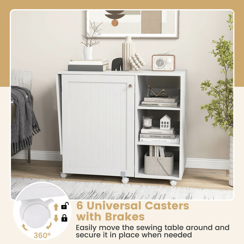 Mångsidigt sybord och skrivbord med förvaring, hopfällbar och mobil arbetsstation i vit MDF