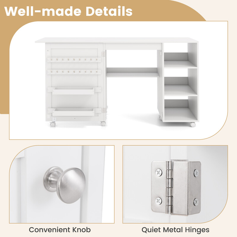 Mångsidigt sybord och skrivbord med förvaring, hopfällbar och mobil arbetsstation i vit MDF