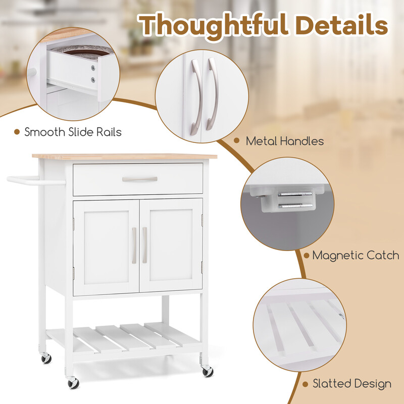 Köksvagn med arbetsyta och låda, vit, rullbar och stabil för smart förvaring