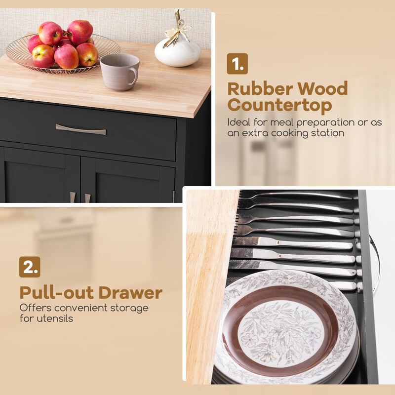 Köksvagn med arbetsyta och låda, svart, mobil och stabil förvaring