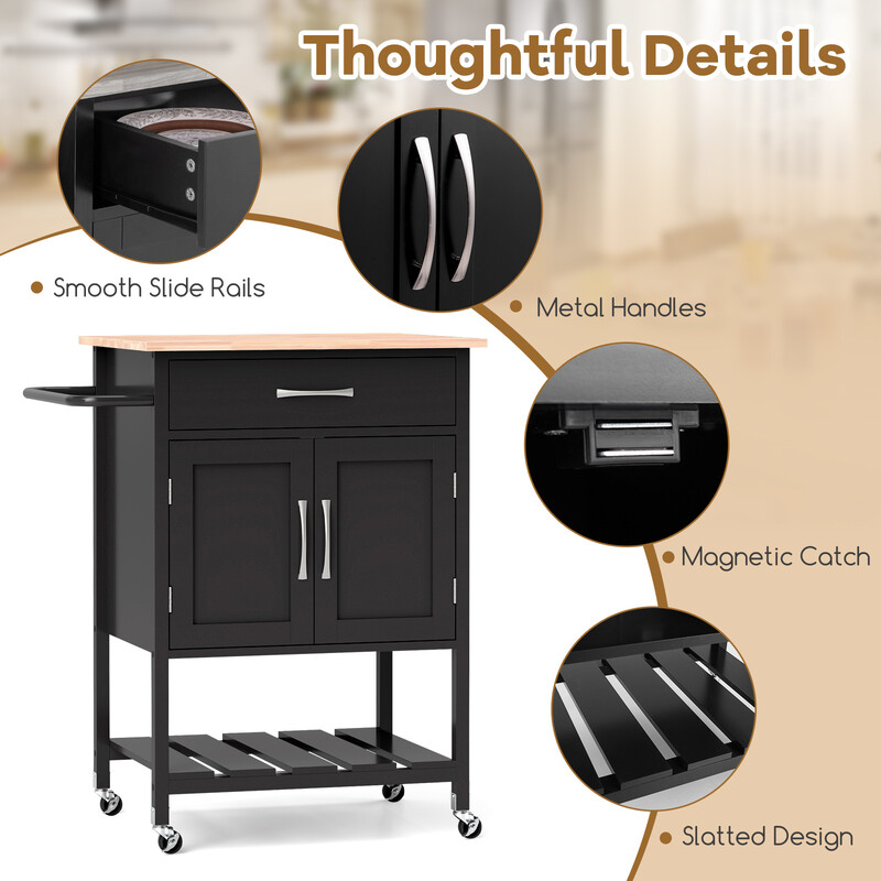 Köksvagn med arbetsyta och låda, svart, mobil och stabil förvaring