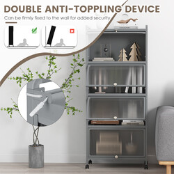 Hög köksskåp med hjul och svängdörrar för mikrovågsugn och köksförvaring i grått