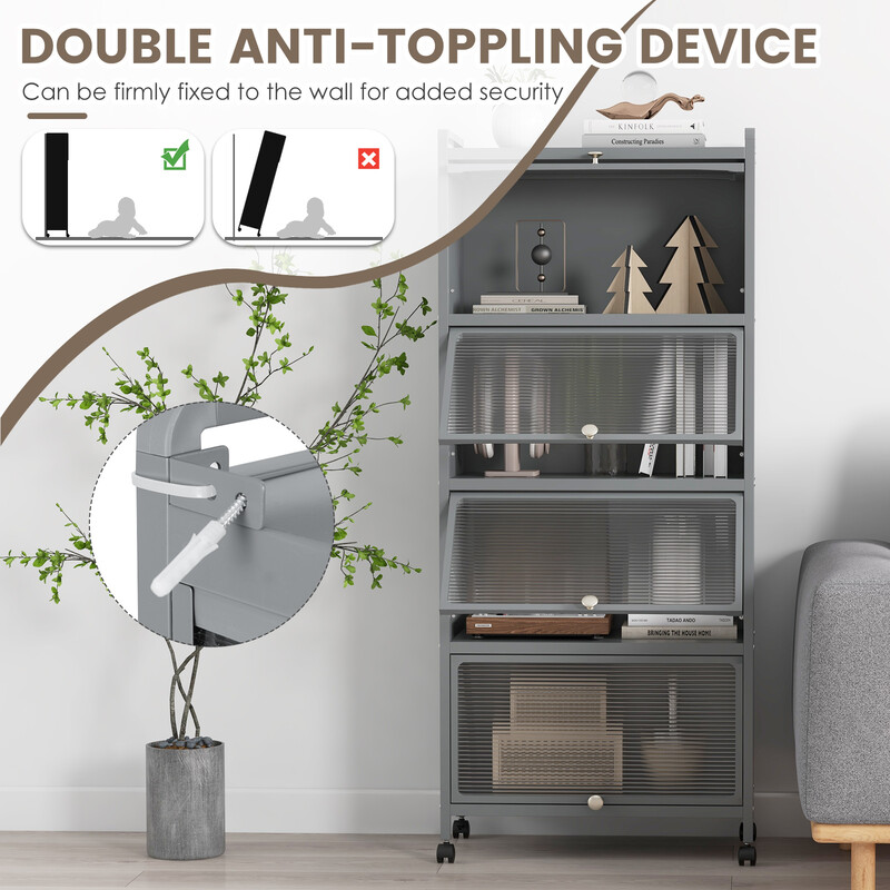 Hög köksskåp med hjul och svängdörrar för mikrovågsugn och köksförvaring i grått