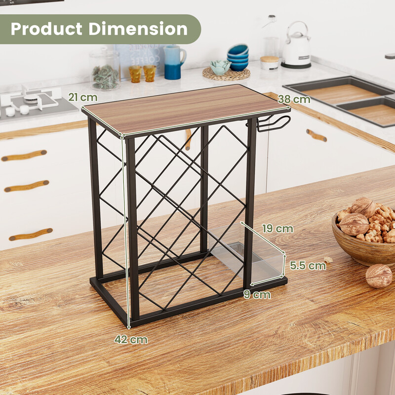 Vinflaskställ för 8 flaskor med förvaringslåda och glashållare i retrodesign