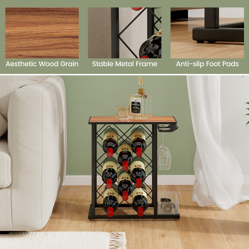 Vinflaskställ för 8 flaskor med förvaringslåda och glashållare i retrodesign