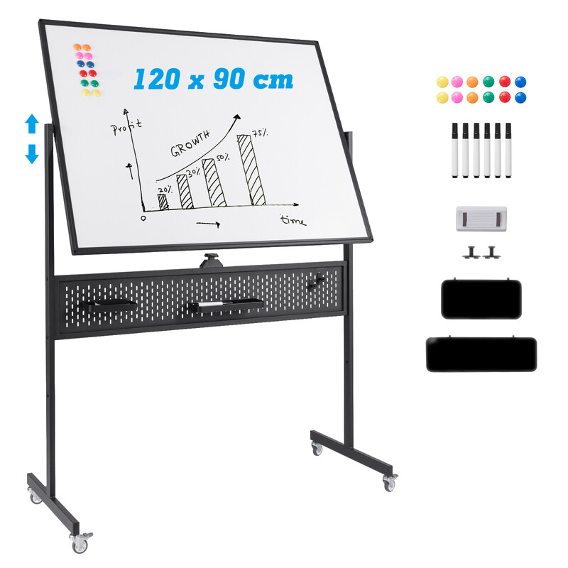Dubbelsidig mobil whiteboard 120x90 cm med magnetisk yta och justerbar höjd