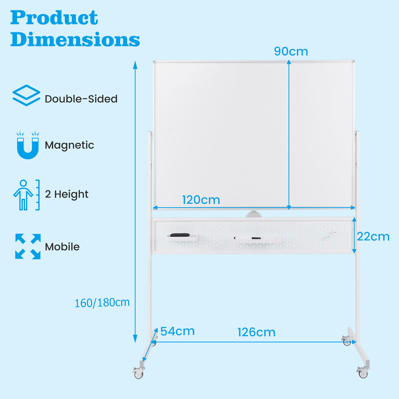 Dubbelsidig mobil whiteboard med justerbar höjd och magnetisk yta 120 x 90 cm