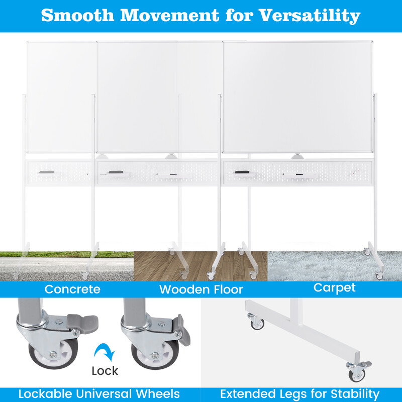 Dubbelsidig mobil whiteboard med justerbar höjd och magnetisk yta 120 x 90 cm
