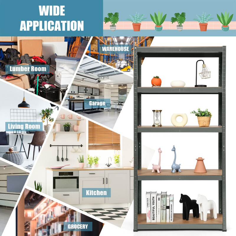 Femvånings metallhylla med justerbara hyllplan för verkstad och garage