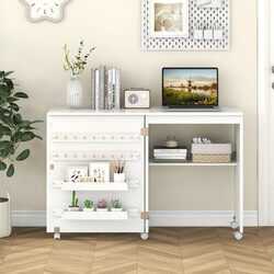 Vikbart 2-i-1 sybord och skrivbord med förvaring och hjul, vit