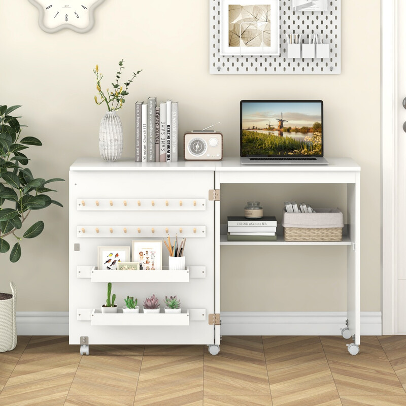 Vikbart 2-i-1 sybord och skrivbord med förvaring och hjul, vit