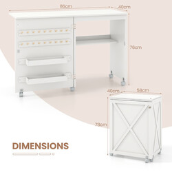 Vikbart 2-i-1 sybord och skrivbord med förvaring och hjul, vit