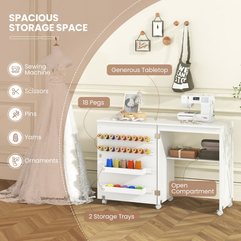 Vikbart 2-i-1 sybord och skrivbord med förvaring och hjul, vit