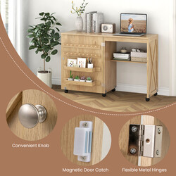 Vikbart 2-i-1 sybord och skrivbord med förvaring och hjul i vit trädesign