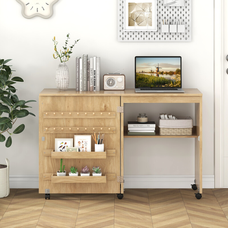 Vikbart 2-i-1 sybord och skrivbord med förvaring och hjul i vit trädesign