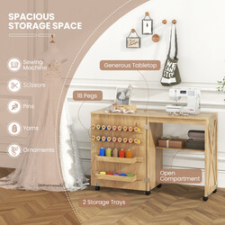 Vikbart 2-i-1 sybord och skrivbord med förvaring och hjul i vit trädesign