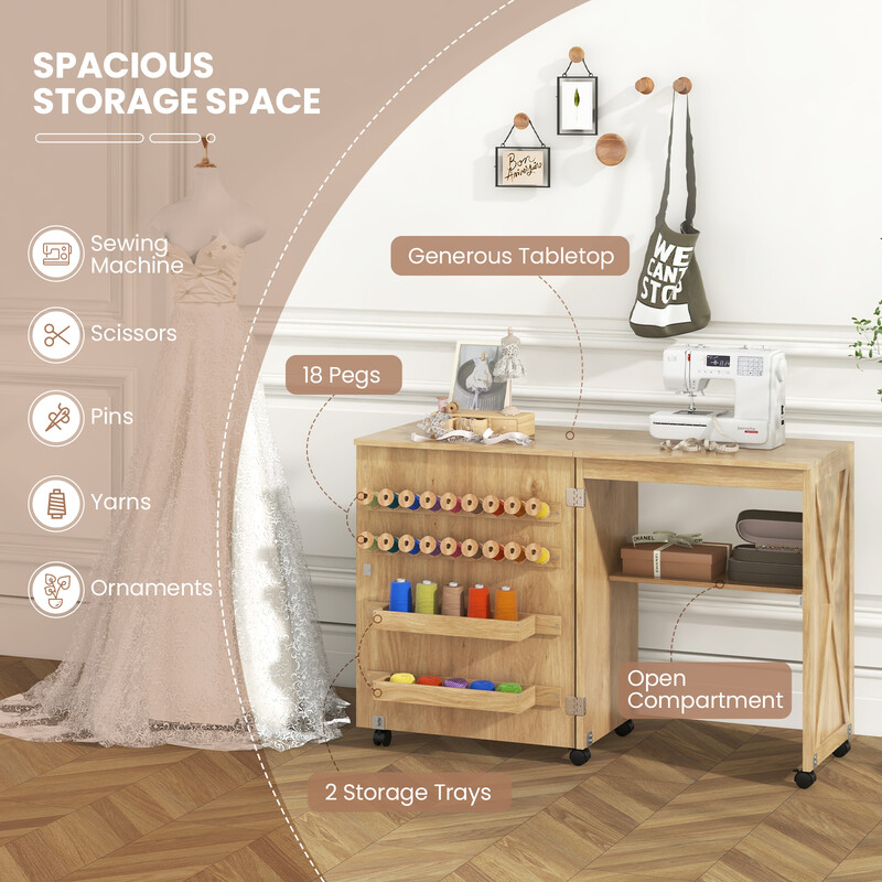 Vikbart 2-i-1 sybord och skrivbord med förvaring och hjul i vit trädesign